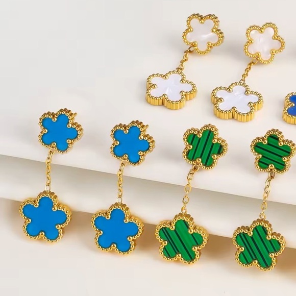 Alhambra Luck Four Clover Gold Blue Flower Stainless Steel Drop Earrings - Picture 3 of 6